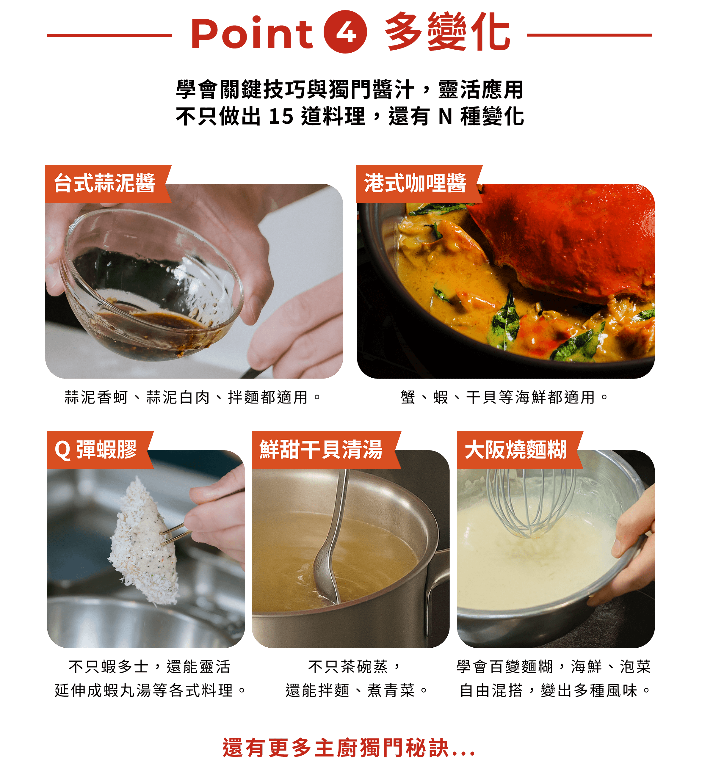 學會關鍵技巧與獨門醬汁，靈活應用 不只做出 15 道料理，還有 N 種變化 蒜泥香蚵、蒜泥白肉、拌麵都適用。蟹、蝦、干貝等海鮮都適用。